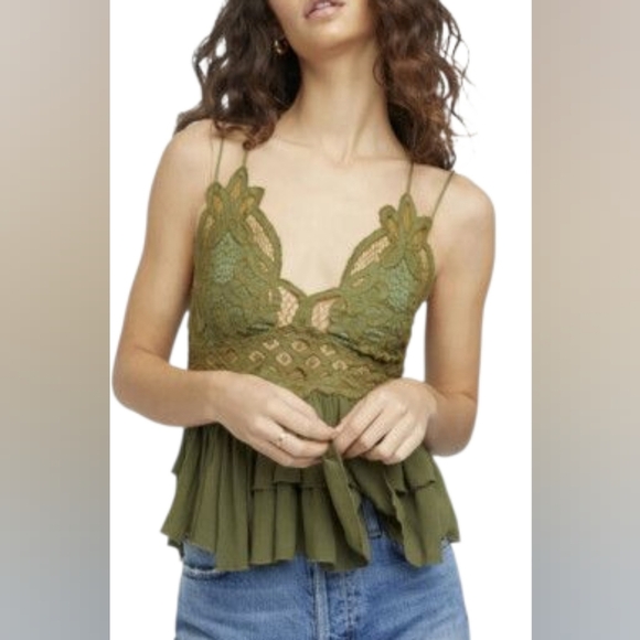 Free People Adella Cami Olive Green Lace Ruffle Top - Picture 6 of 12